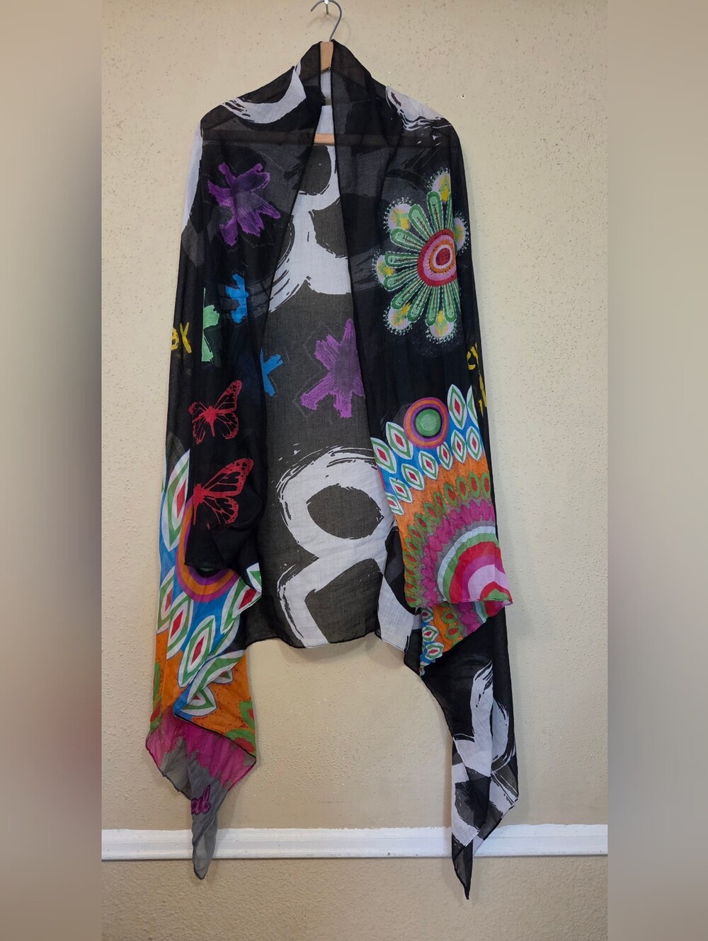 Desigual Black Multicolor Printed Scarf with Floral & Geometric Motifs